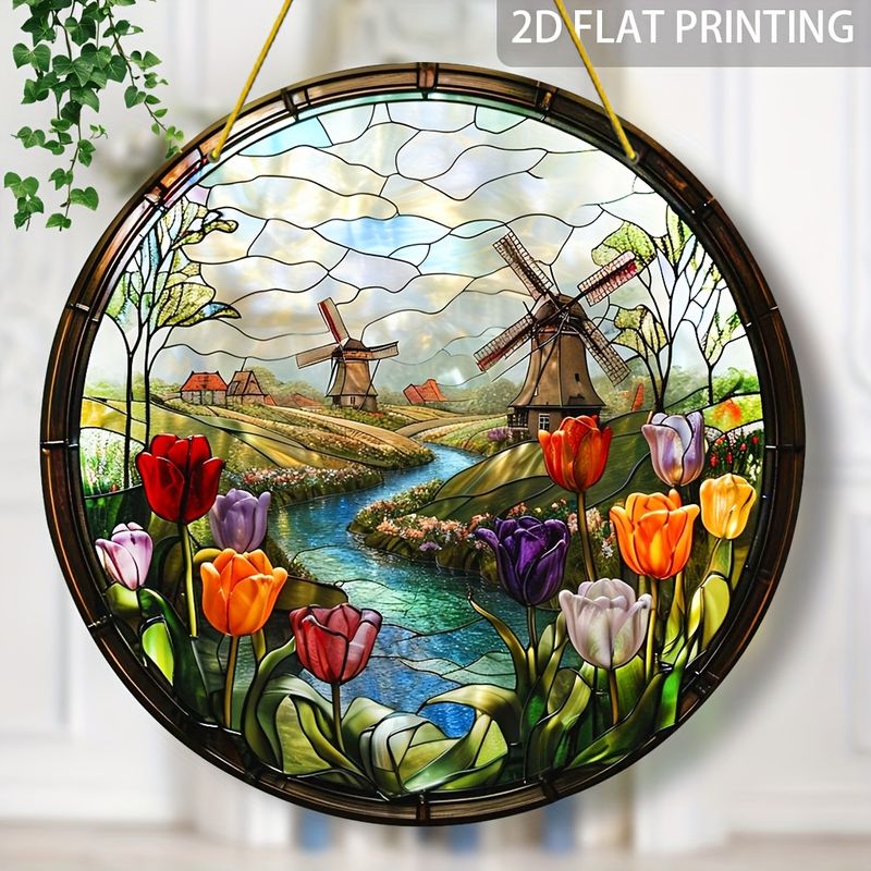 Windmill & Tulips Suncatcher - Vibrant Stained Glass-style Acrylic. Perfect For Mother's Day, Living Room,or Office Decor. Classic Round Hanging Panel_voghion.com