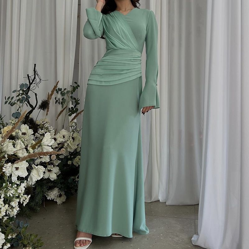 Damenbekleidung Temperament Mikro ausgestelltes Plissee Kreuz gestapelte Taille schmale Nähte hohe Taille Kleid_voghion.com