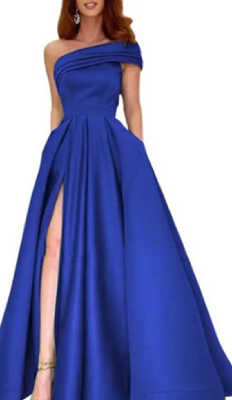 Women's Clothing one shoulder satin dress evening dress birthday party tutu skirt green high split sexy robe_voghion.com