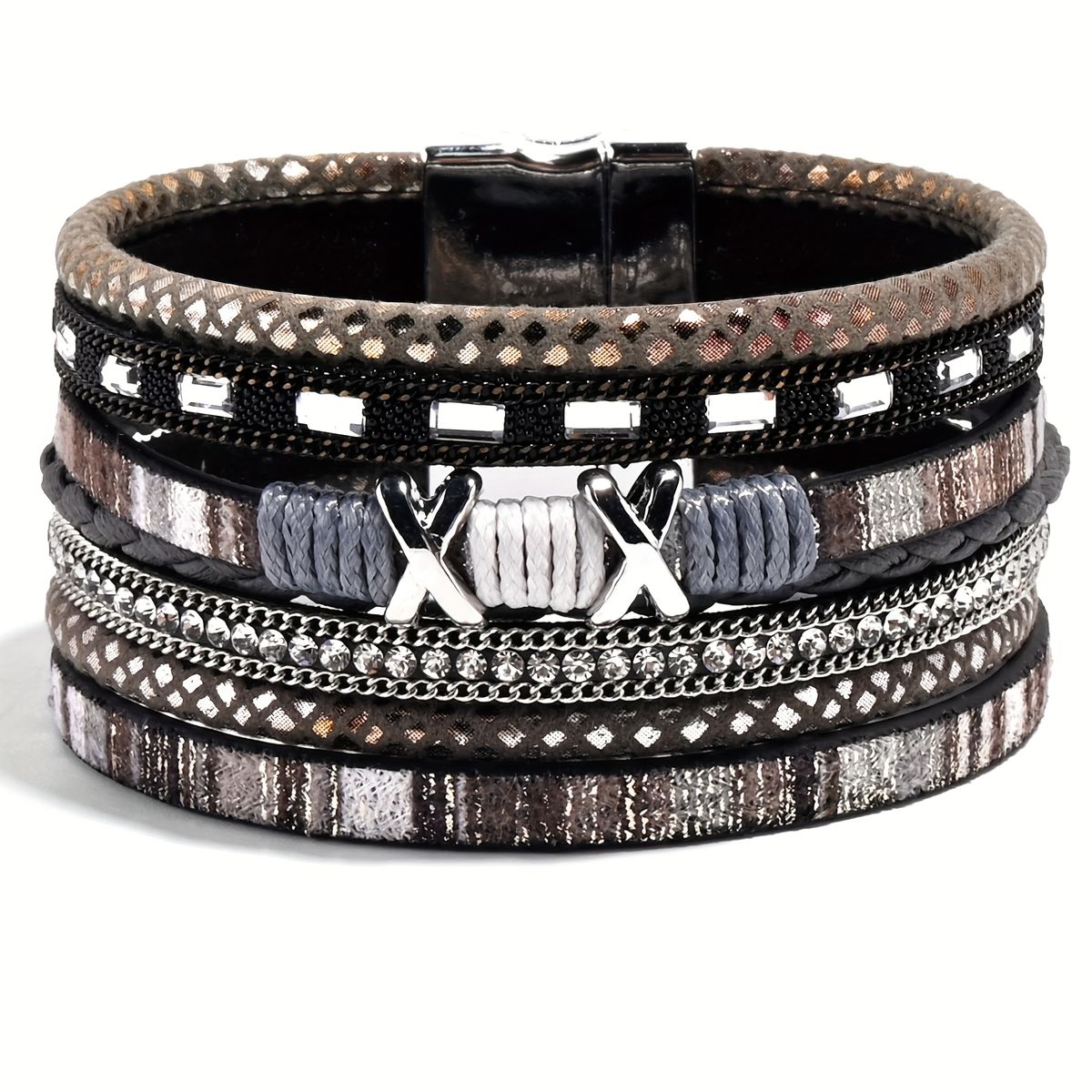 Bohemian Style Leather Wrapped Bracelet For Women, Heart-shaped Stackable Bracelet With Strong Buckle_voghion.com