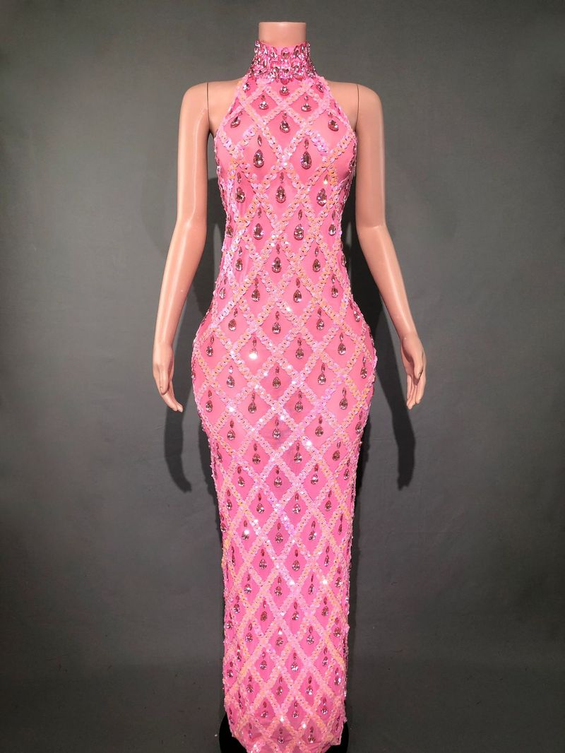 Women's Clothing sexy perspective backless shiny rhinestone long dress carnival party evening dress _voghion.com