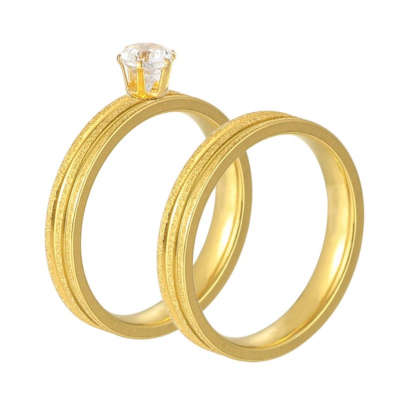 Trendy New Stainless Steel Gold Matte Diamond-Encrusted Couple Double Circle Pattern Rings Light Non-Fading_voghion.com