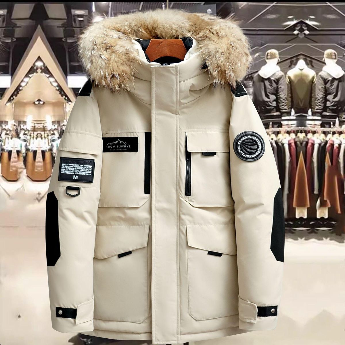 Parka invernale unisex con finiture in pelliccia di volpe – piumino d'anatra 550FP, stile utility oversize per freddo estremo (-30°C), streetwear e attività all'aperto (nero/crema)_voghion.com