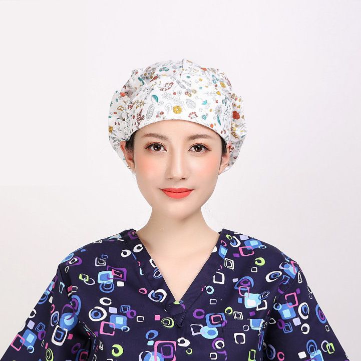 Pure Cotton Hat Female Doctor Dental Oral Nurse Hat Long Hair Wrapped Headscarf Printed Puff Hat Female Oil Fume Kitchen_voghion.com