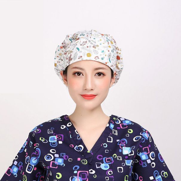 Pure Cotton Hat Female Doctor Dental Oral Nurse Hat Long Hair Wrapped Headscarf Printed Puff Hat Female Oil Fume Kitchen_voghion.com