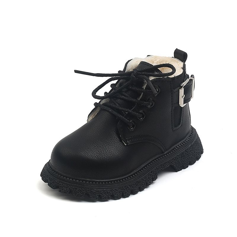 Child's shoes Children's Autumn/Winter solid color vintage ankle boots boys with fleece Doc Martens side zipper girls soft-soled warm cotton boots_voghion.com