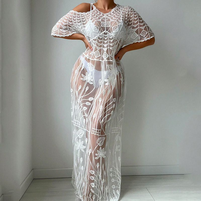 Spitzen-Strandkleid zum Überziehen – Maxikleid mit Blumenstickerei (Einheitsgröße, transparentes Netz, Bikini-Wickelkleid, Resort-Kleidung, Bohemian-Chic, Bademoden-Überzug)_voghion.com