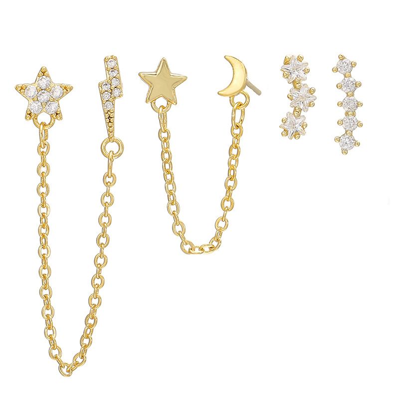 Orecchini a cerchio con nappe e catena in zircone a forma di stella e luna, per donna_voghion.com