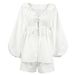 Ensemble deux pièces Verve 2025 en coton et lin blanc, haut à col en V et short à manches lanternes, tenue d'été pour femme_voghion.com