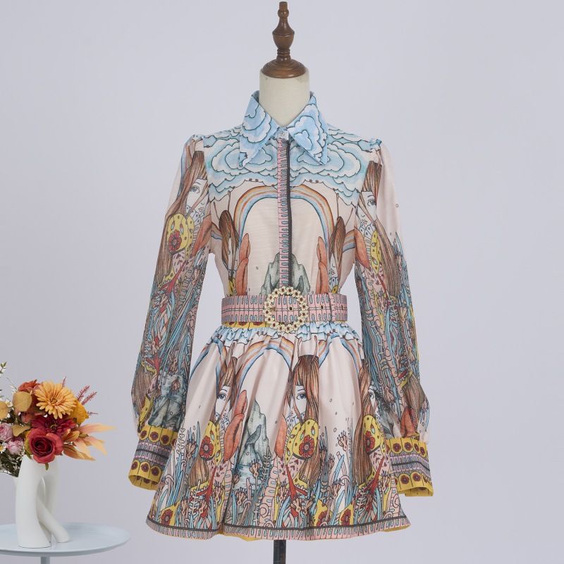 Abito da donna in due pezzi con maniche a lanterna, stampa di posizionamento, camicia in lino, gonna e cintura_voghion.com