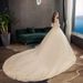 Champagne Lace Long Sleeve Wedding Dress With Cathedral Train, Plus Size Bridal Gown For Elegant Bride, Flowy A-Line Silhouette_voghion.com