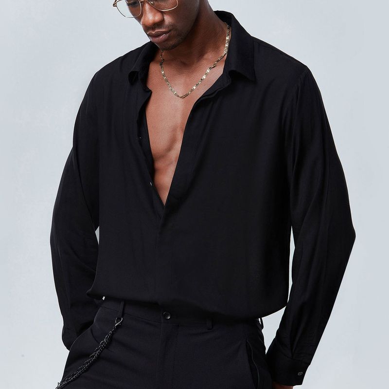 Männer ebenfarweg Hemd duerchsiichteg sexy Männerhemd Plus Size gedréckt laangärmlech locker lässeg Männerhemd_voghion.com