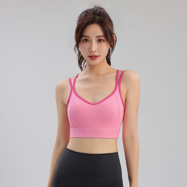 Color Block Splicing Thin Strap Sports For Women Running Shockproof Cross Back One-Piece Outerwear Yoga Bra Summer_voghion.com