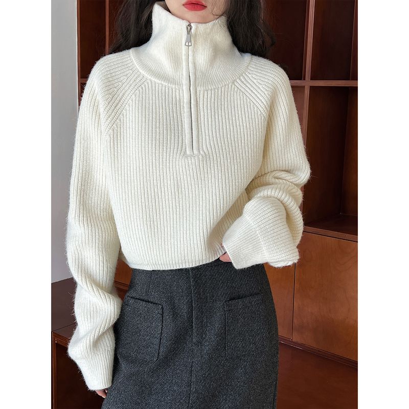 Pull taille haute ample et épais, col montant, fermeture éclair, couleur unie, manches courtes, pour femme_voghion.com