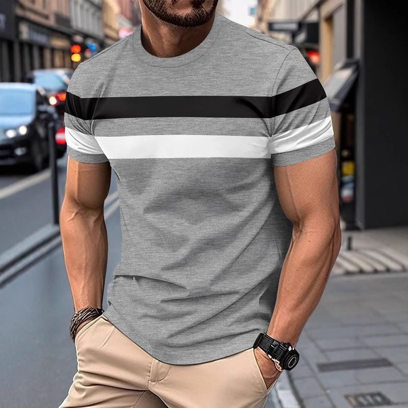 T-shirt d'été à manches courtes et col rond pour homme, grande taille, coupe ajustée, couleur contrastée, fin et décontracté_voghion.com