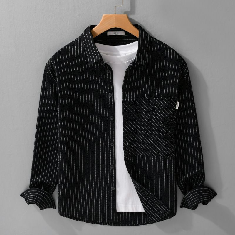 Camicia a righe casual a maniche lunghe da uomo – Camicia in cotone oversize ispirata al mondo del design per l'uso quotidiano_voghion.com
