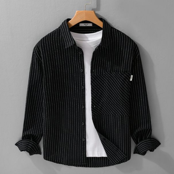 Camicia a righe casual a maniche lunghe da uomo – Camicia in cotone oversize ispirata al mondo del design per l'uso quotidiano_voghion.com