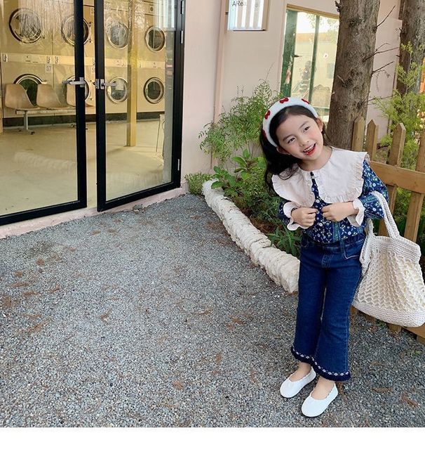 Roupas infantis meninas terno grande lapela camisa floral mais jeans flare terno de duas peças_voghion.com