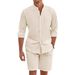 Herrenbekleidung Heißer Verkauf Herren Zweiteiler Baumwolle und Leinen Bequemes Button-Down-Hemd Langarm-Shorts Strickjacke Einfache lässige Strandkleidung_voghion.com