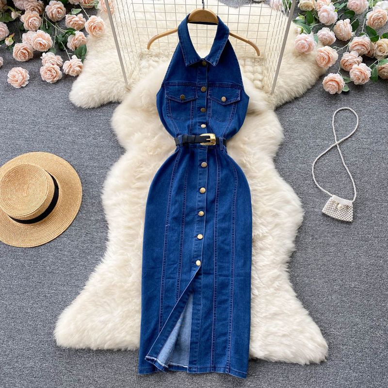 Temperament de doamnă, gât cu halter, rochie sexy cu un singur sân, rochie frumoasă la spate, pentru femei, cu dantelă în talie, care slăbește, îmbrățișează șoldul, fustă de denim în formă de A_voghion.com
