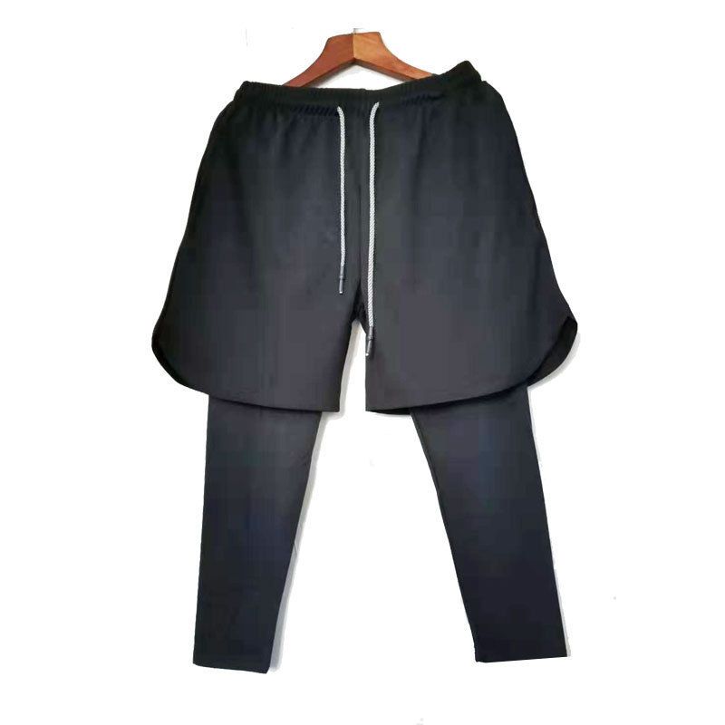 Man's clothing Muscle fitness running sports casual pants quick dry tight fake two stretch nine-point pants men_voghion.com