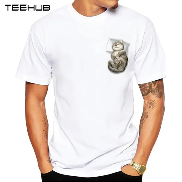 TEEHUB Fashion In My Pocket Men T-Shirt Hipster Sleeping Cat Printed Tops Short Sleeve Tee Cool T Shirts_voghion.com
