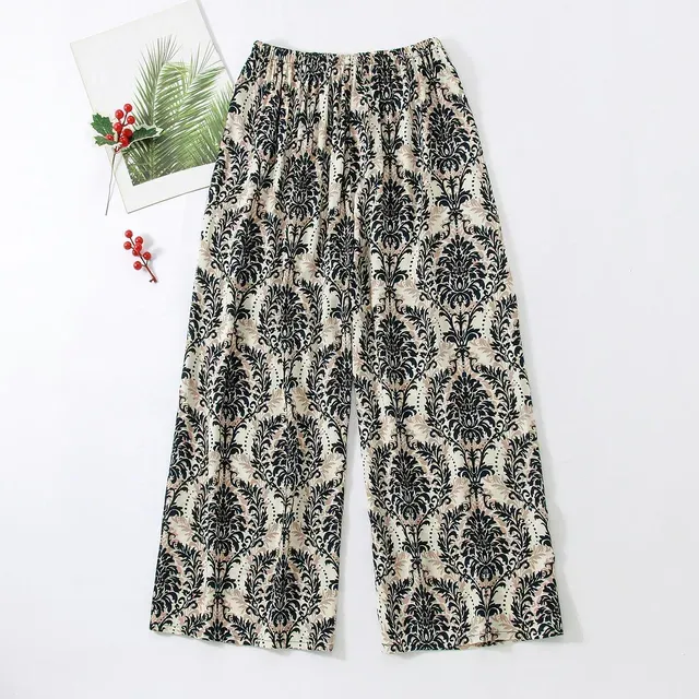 hot selling New Beach Vacation Boho 2024 Summer Floral Print Wide Leg Pants Women Elastic High Waist Calf Length Trousers Sweatpants_voghion.com