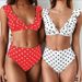 2024 Ruffle Edge Deep V Bikini Black And White Wave Dot Printed Sexy Swimsuit_voghion.com