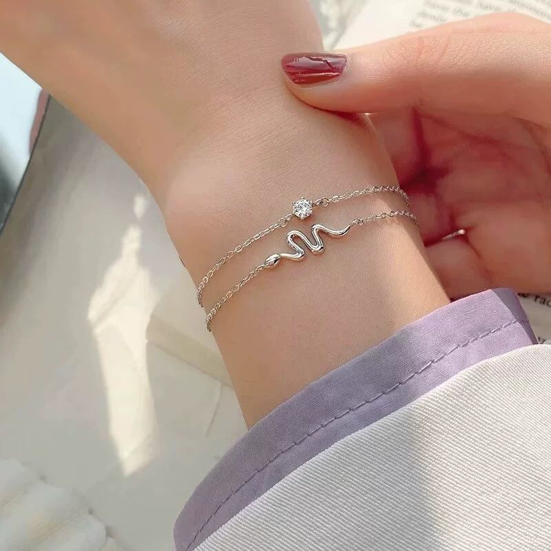 Pulsera de doble capa de circonitas para mujer, única, pequeña, con temperamento simple, estilo chino chic, con serpiente_voghion.com