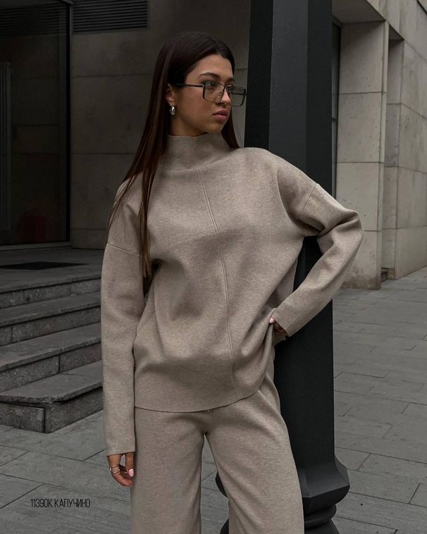 Completo in maglia oversize con orlo diviso, maglione a maniche lunghe e pantaloni da salotto (S/M/L), minimalismo accogliente per autunno/inverno_voghion.com