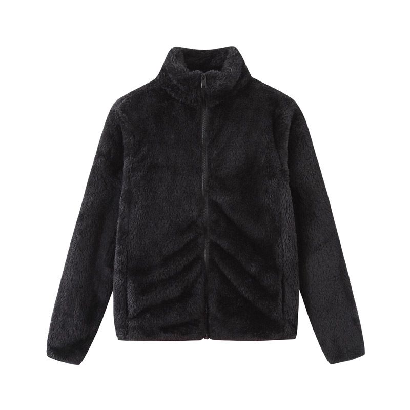 Veste polaire à manches longues pour femmes, fermeture éclair, basique, ample, col montant, manteau long en velours, vêtements pour femmes_voghion.com