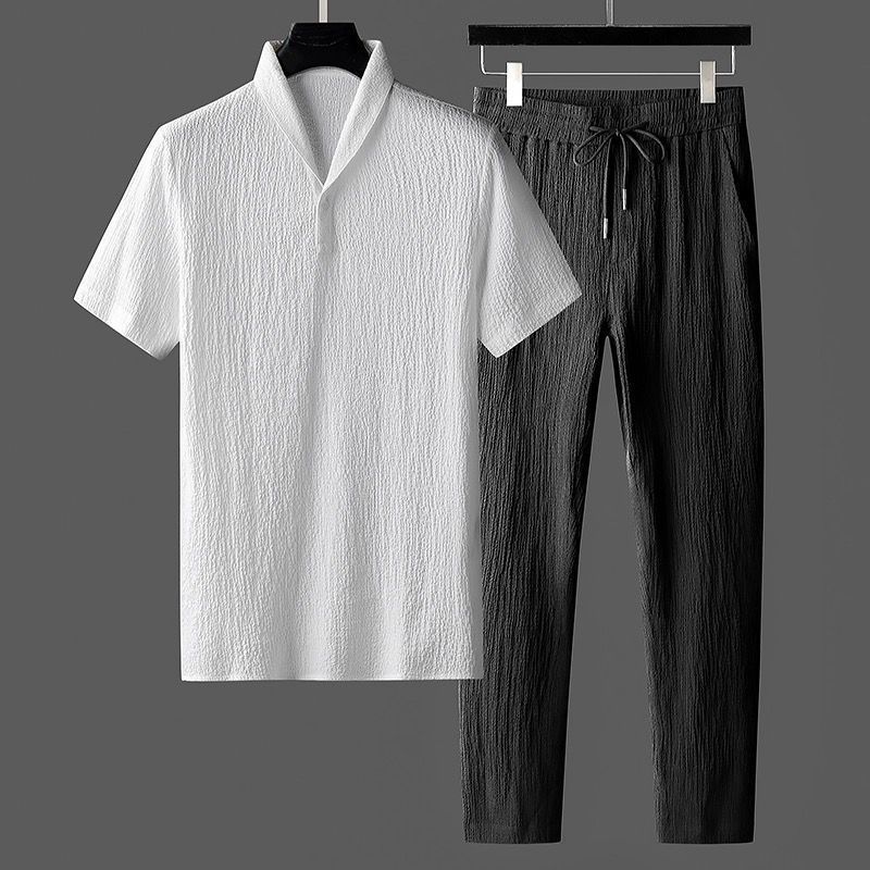 Men's Clothing Summer New Casual Sports Suit Men's Trendy Pleated Thin Green Fruit Collar Short Sleeve Long Pants Two piece Suit_voghion.com