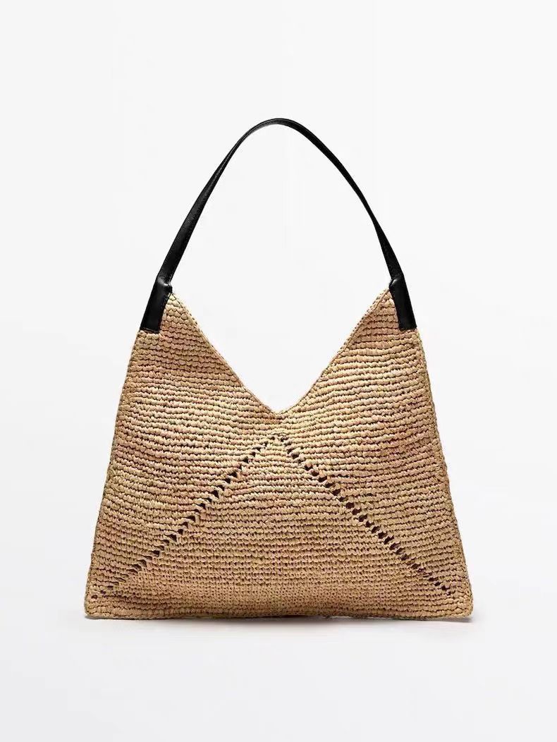 Borsa da donna grande a triangolo, in paglia, intrecciata a mano, stile francese, con tracolla singola, nuova, in rafia cava, per le vacanze sulla spiaggia_voghion.com