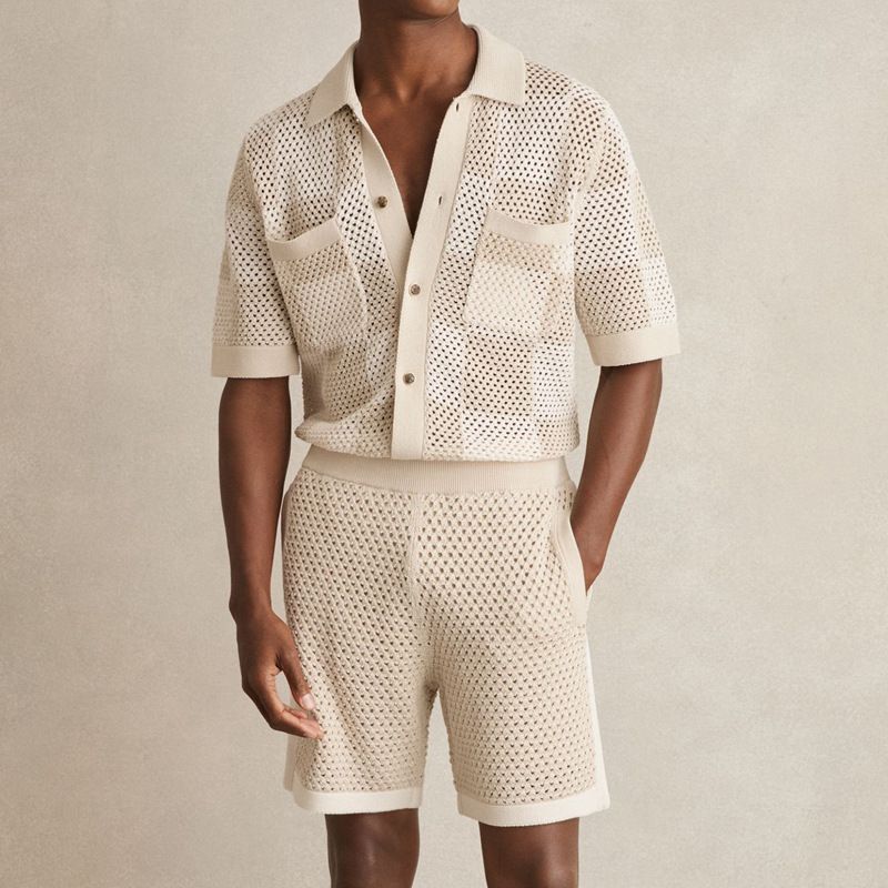 Conjunto de pantalones cortos de moda para hombre, con cuello de punto y diseño de bloques de color, primavera y verano 2025_voghion.com