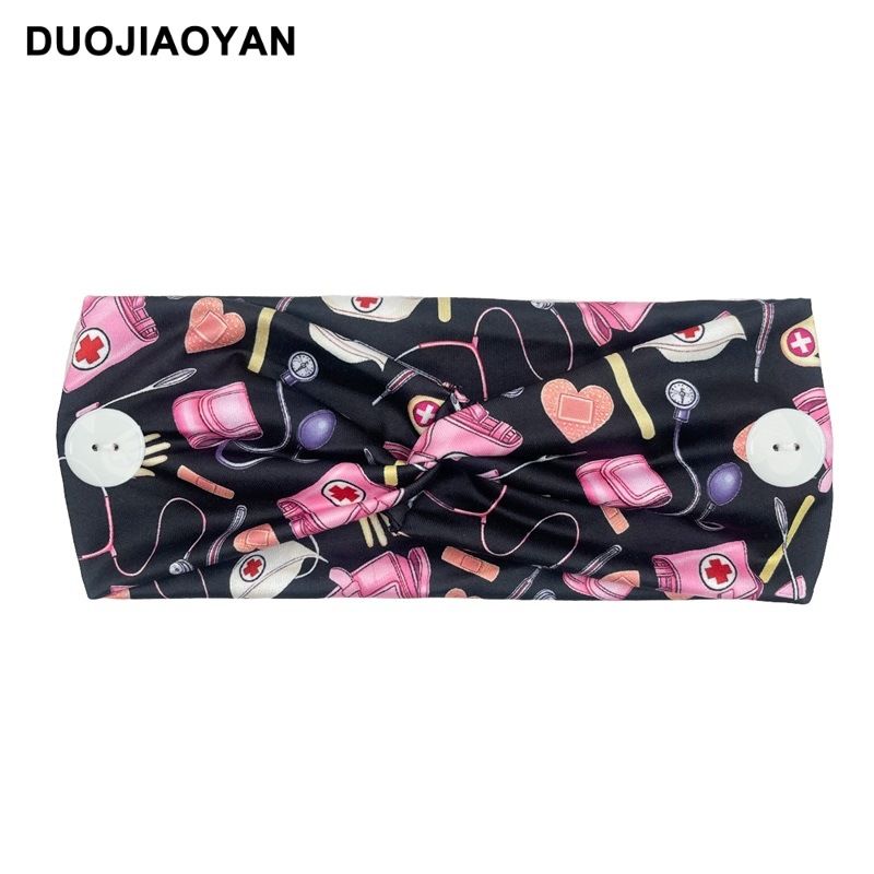 New Anti-Strangle Button Mask Cross Elastic Printed Wide Hair Band Medical Headscarf_voghion.com