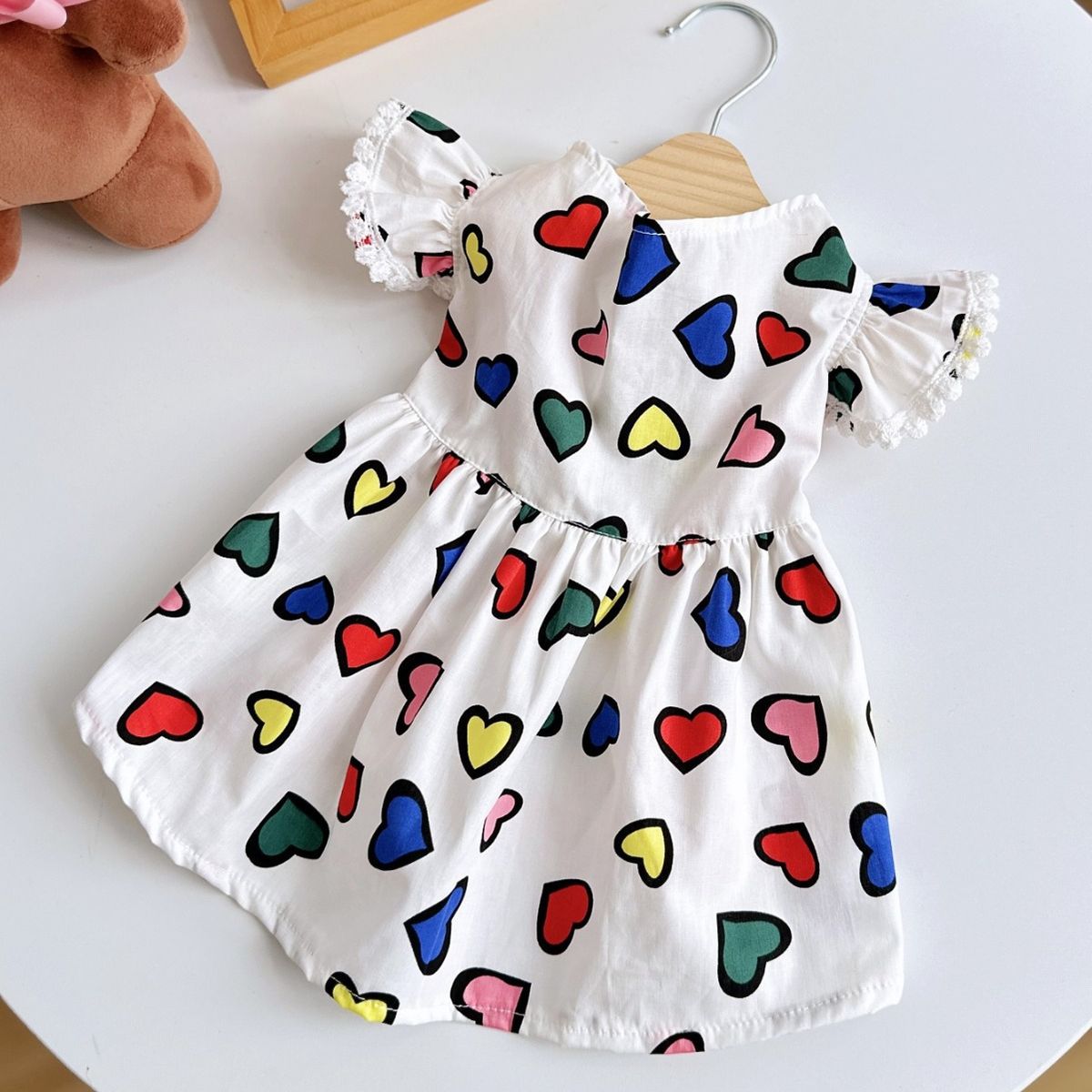Cat And Dog Universal Small Flying Sleeves Colorful Cute Love Print Girl Dress Suitable For Pets In All Seasons_voghion.com