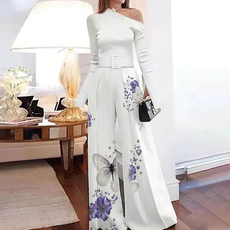 Women's Clothing fashion print oblique collar long sleeve off shoulder casual jumpsuit wide leg pants_voghion.com