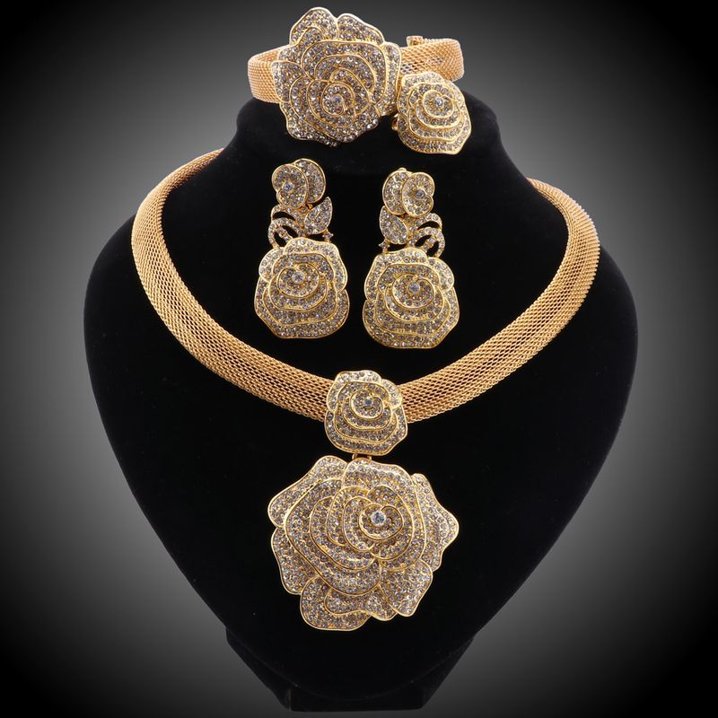 Italiensk guldfärg Kristallhalsband Örhängen Armband Ring Smyckesset Afrikanska brudsmycken för kvinnor Bröllopspresenter_voghion.com