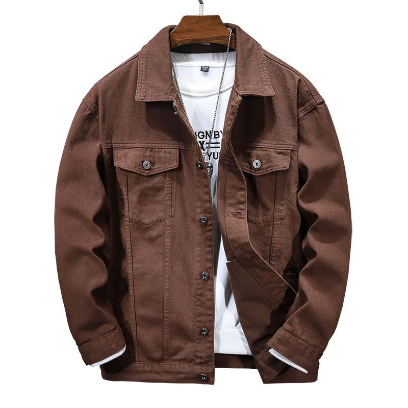 Men's Clothing New Casual Denim Jacket Autumn Unisex Tops Coffee Color Drop Shoulder Loose Denim Jacket_voghion.com