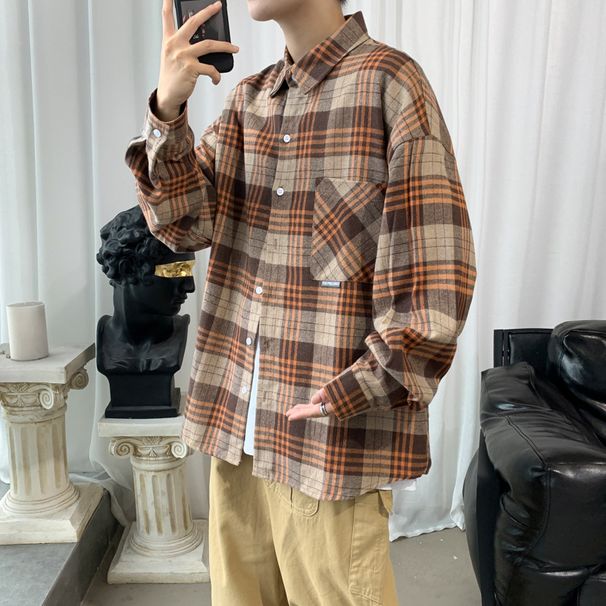 Primavera Autunno Manica Lunga Plaid Uomo, Largo Trendy, Casual E Bello Studenti, Indossando Una Giacca Camicia Spazzolata Per_voghion.com