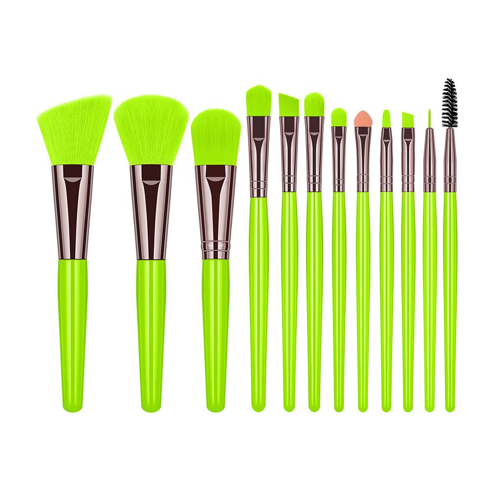 12 PCs Makeup Brushes Set Fluorescent Green Beauty Tools Powder Foundation Eyeshadow Mascara Brush_voghion.com