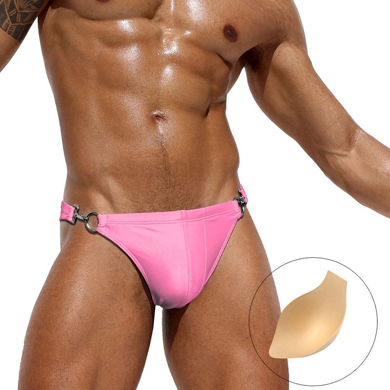 JESSBORN- Men's Bilateral Metal Buckle Triangle Cup Anti Awkwardness Hot Spring Pool Swimming Pants Patent Swimsuit_voghion.com