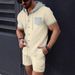 Men's Clothing New Waffle Men's Hooded Color Matching Short Sleeved Cardigan Casual Jacket Shorts Suit_voghion.com