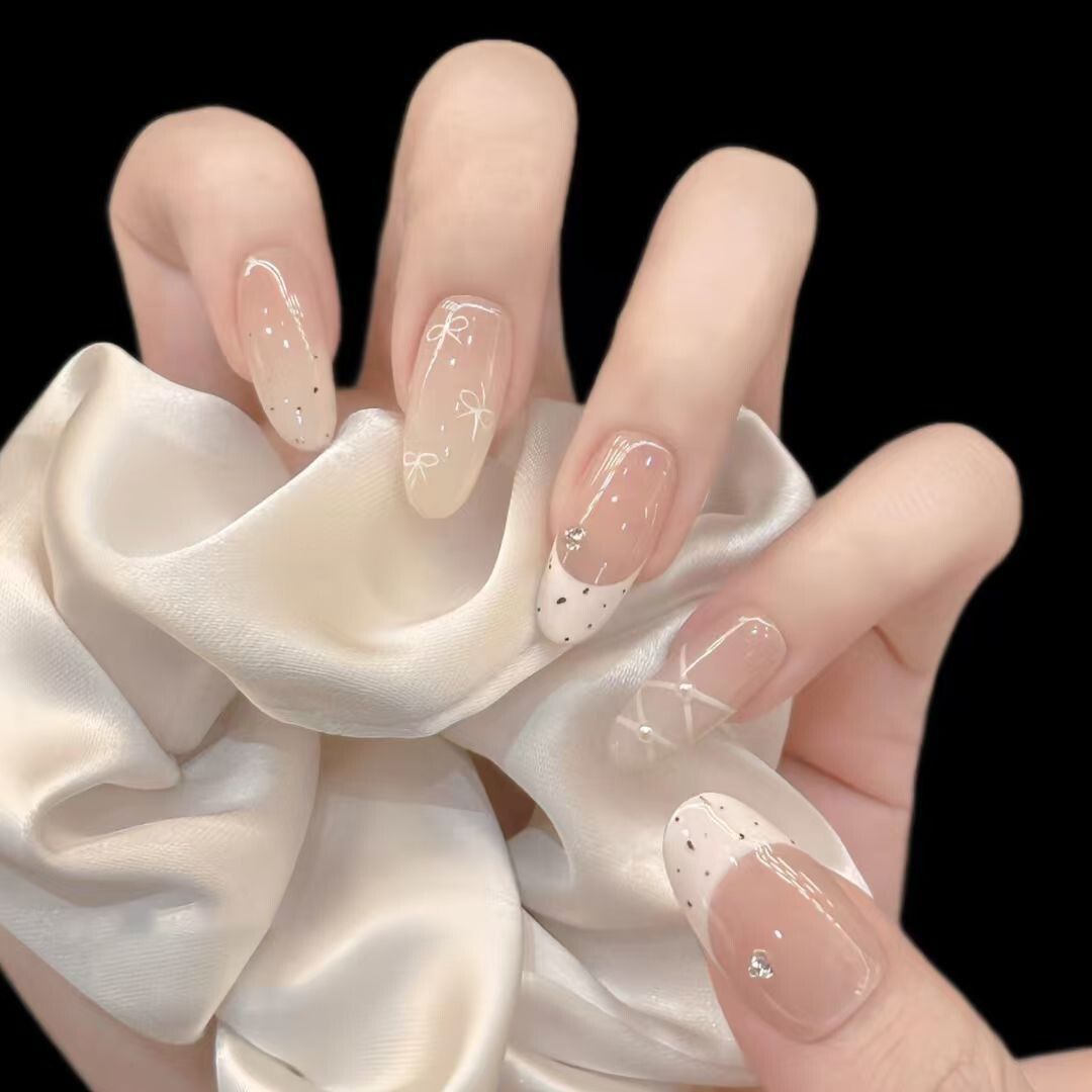 Miu Style Girl Pure Gentle Pink Ballet Bow French Unghie indossabili fatte a mano, versatili e staccabili, per tutti i giorni_voghion.com