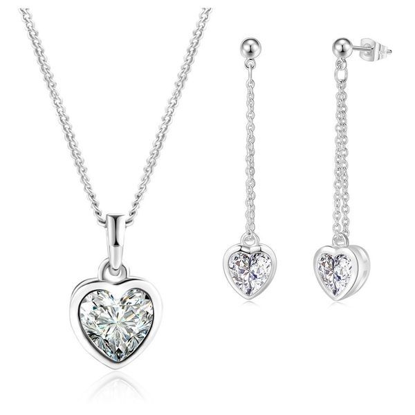 Collana e orecchini con ciondolo a forma di cuore minimalista in zircone per donna, set di gioielli di fidanzamento placcati in oro_voghion.com