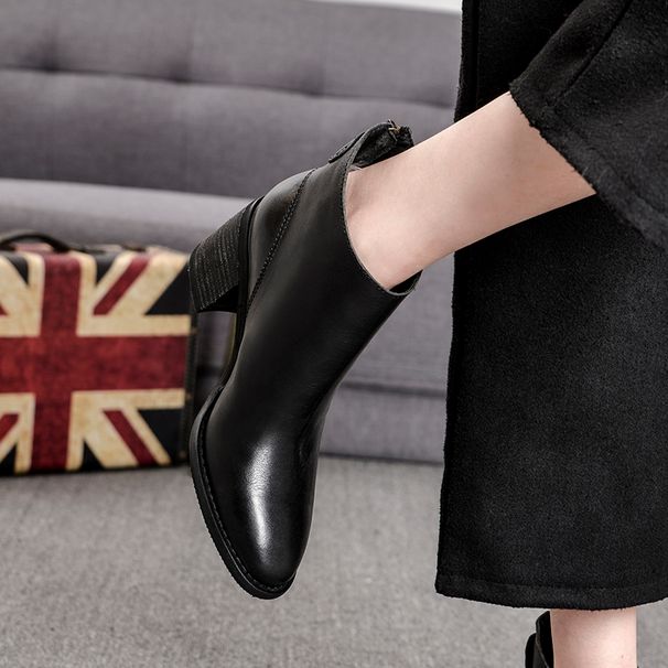 Retro brune vår- og høststøvler med tykk hæl i kalveskinn til dame_voghion.com