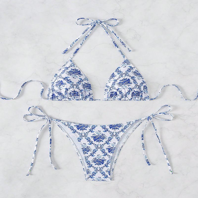 Maillot de bain à lacets et col licou pour femme, motif floral, bikini sexy pour la plage_voghion.com