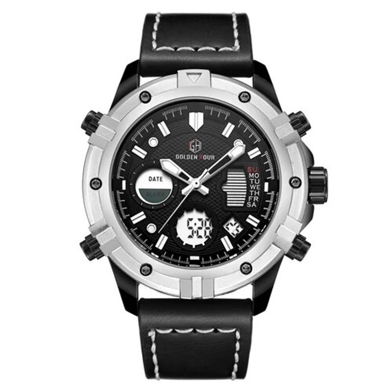 GOLDENHOUR Mens Watches     Quartz Analog Digital Watch Men Leather Military Sport Wristwatch Man_voghion.com