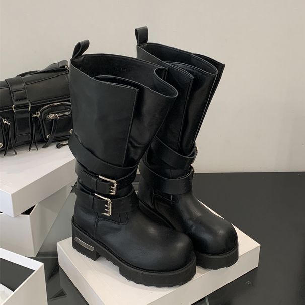 Botas de montaria femininas, estilo escuro, com fivela de cinto, sola grossa, cano médio, para motocicleta, outono e inverno 2025_voghion.com