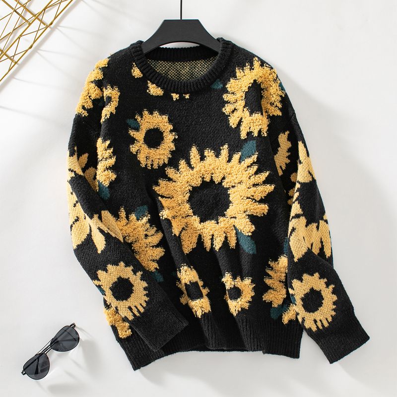 Pull à capuche tricoté à manches longues et col rond brodé avec serviette de tournesol pour femme, nouvelle collection automne/hiver 2024_voghion.com